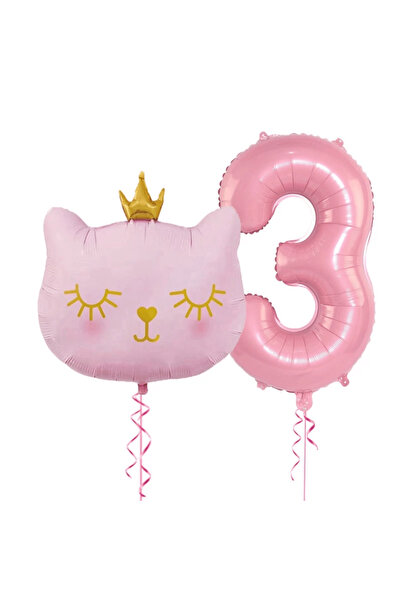Bunloon 3 Yaş Retro Pembe Rakam Kedi Kafa Folyo Balon Set