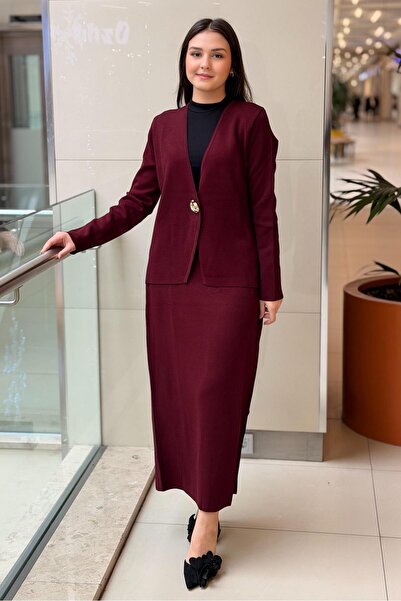 Ghisa V-Neck Single Button Cardigan Skirt Knitwear Set