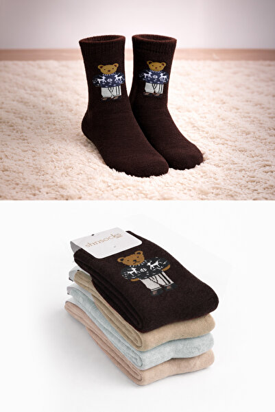 Inno Дебели зимни дамски чорапи с мечешки мотив, многоцветни, комплект от 4 ч...