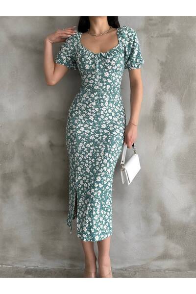 buqre's moda Summer Flower Pattern Watermelon Sleeve Slit Detail Dress