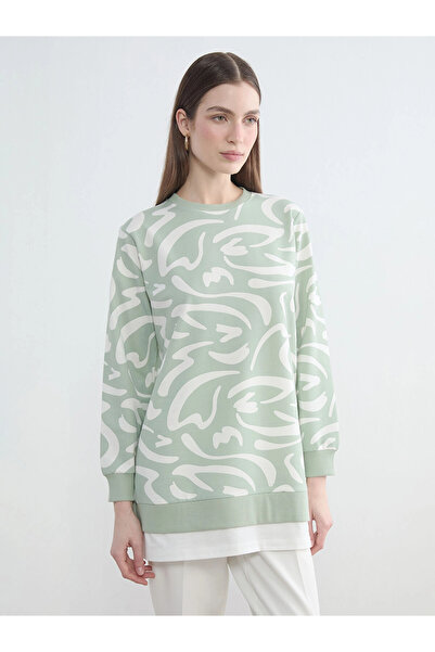 LC Waikiki Lcw Modest Green Crew Neck Print Women's Sweatshirt Tunic