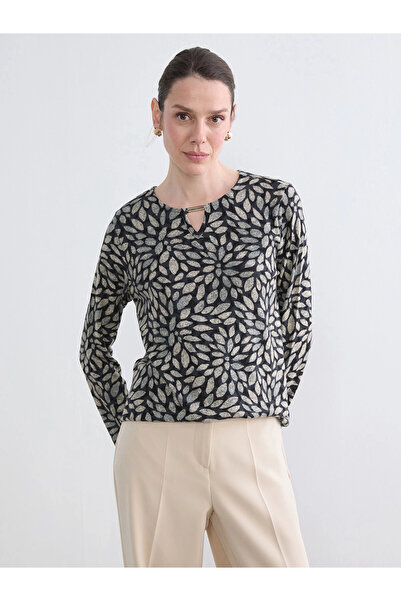 LC Waikiki Lcw Grace Black Crew Neck Patterned Blouse