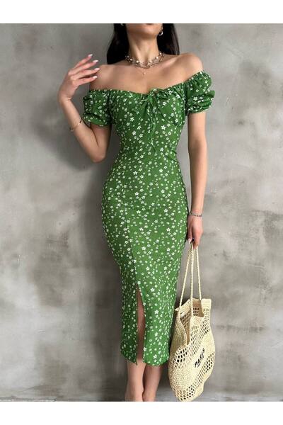 buqre's moda Summer Flower Pattern Watermelon Sleeve Slit Detail Dress