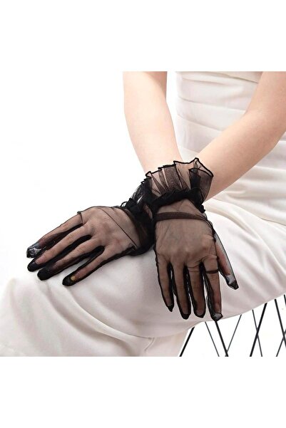 Go İthalat Short Size Stretch Fabric Lace Adult Tulle Gloves Black Color (5343)