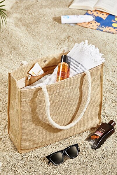 ROYALHOUSE Brown Wicker Round Rope Strap Beach Bag