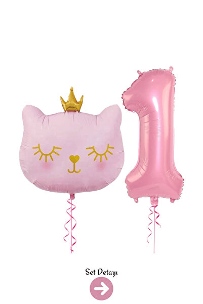Bunloon 1 Yaş Retro Pembe Rakam Kedi Kafa Folyo Balon Set Parti Süsleme