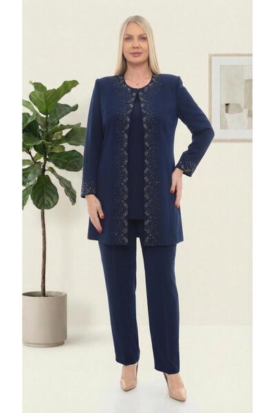 MİSS DİAMOND Jacket with Stone Embroidery and Lining, Stylish Navy Blue Three...