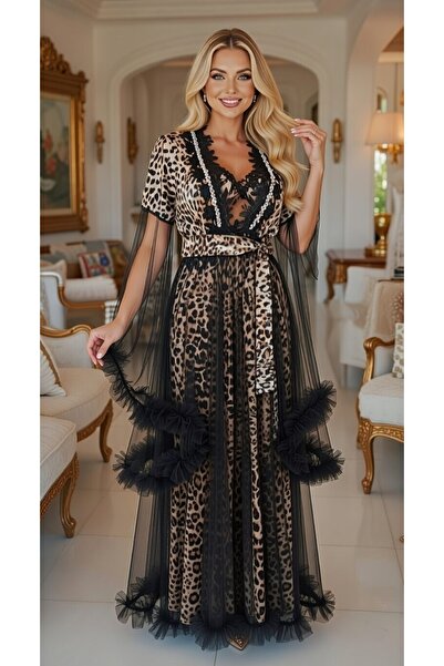 bigmama Luxurious Satin Set – Leopard Print Tulle Kaftan and Long Satin Night...
