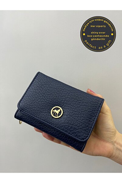 shiny ever Дамски портфейл от текстурирана тъмносиня кожа със златни детайли