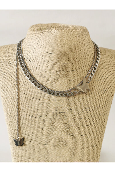 Halley Concept Layered Unisex Steel Necklace with Butterfly Detail