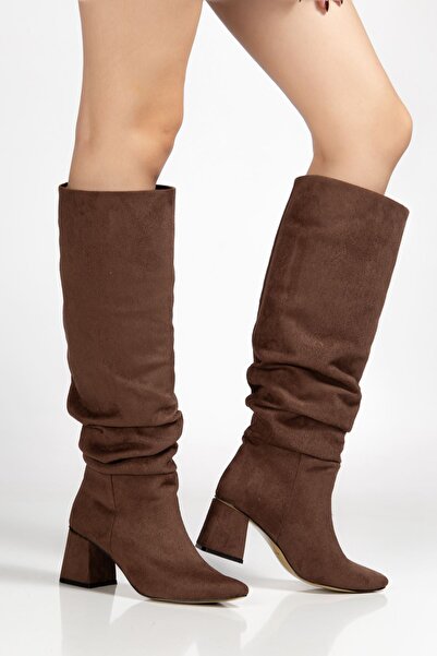 Zerenyus Exi̇n-Syt-2002 Premium Brown Suede Bellows Square Heeled Women's Boots