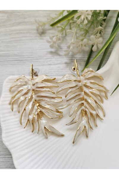 Halley Concept White enamel gold detailed leaf earrings