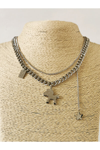 Halley Concept Figure Detailed Layered Unisex Steel Necklace