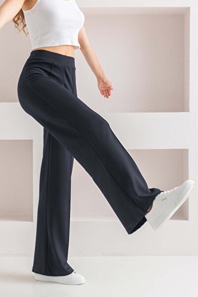 PınarYalçıner Women's Smoked High Waist Ribbed Front Wide Fit Loose Leg Modal...