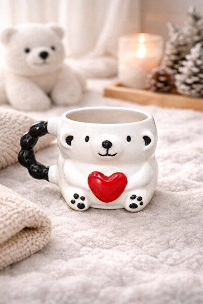 İZart Polar Bear Heart 3D Embossed Completely Handmade Ceramic Mug