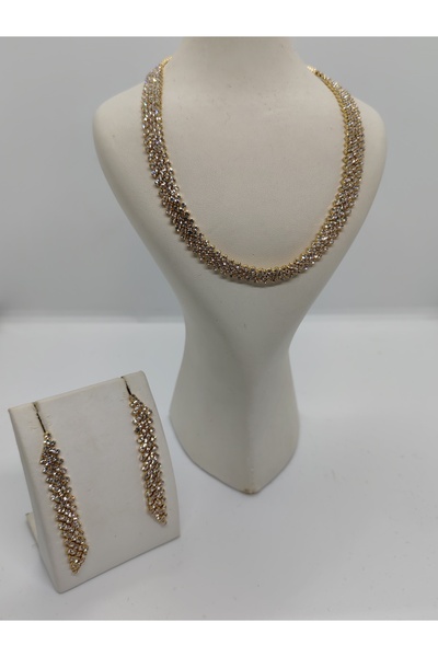 Cadde Dükkanı Zirkon Taşlı Kolye Küpe Takı Seti Gold