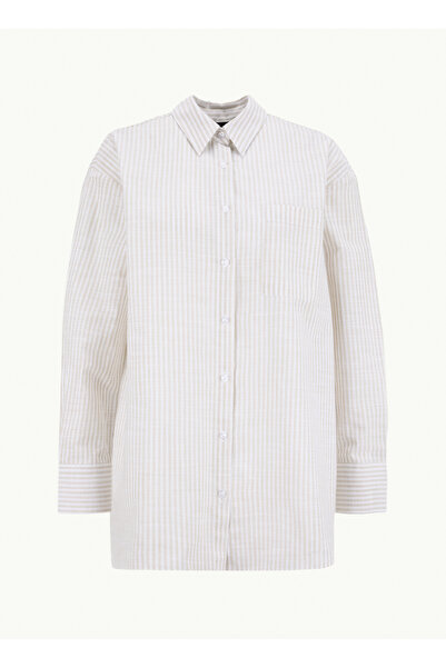 Fabrika Relaxed Gömlek Yaka Çizgili Beyaz - Bej Kadın Gömlek F6SL-GML0339