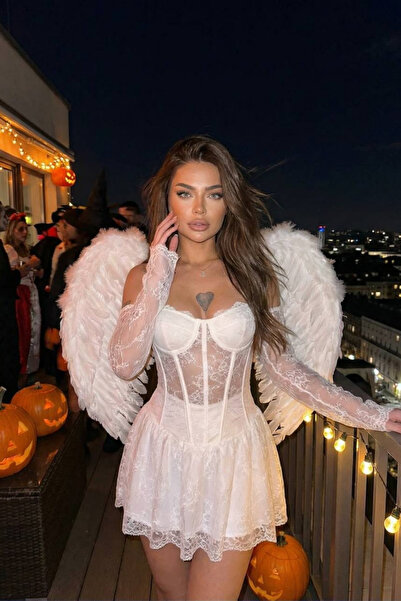 Love Fab Fake Sleeves Chest Panel Lace Flared Mini Dress Graduation