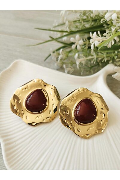 Halley Concept Red Drop Stone Gold Framed Earrings