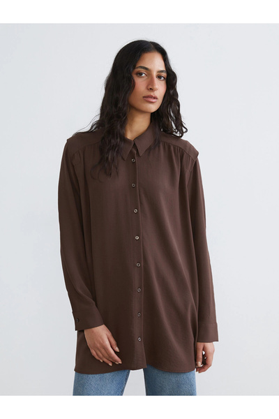 LC Waikiki Lcw Modest Brown Gathered Oversize Women's Shirt Tunic