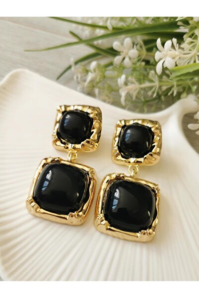 Halley Concept Black stone gold detailed dangle earrings