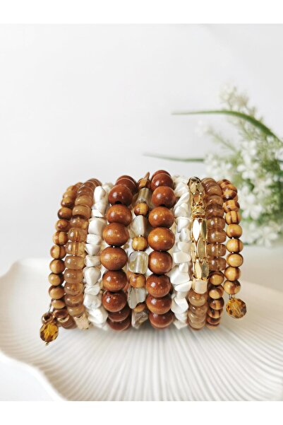 Halley Concept Natural Stone Wooden Bead and Gold Detailed Spiral Bracelet