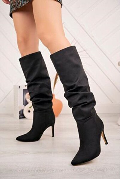 Zerenyus حذاء نسائي يومي بكعب رفيع من جلد الغزال الأسود الفاخر من Exİn-SYT-2003