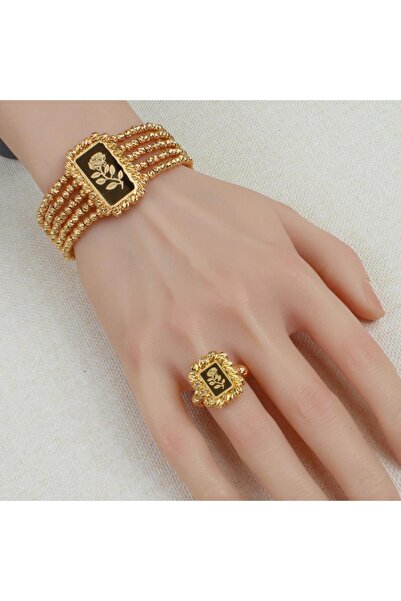 Generic أسوارة وخاتم بديل الذهب سبائك مربع لايسبب الحساسيه