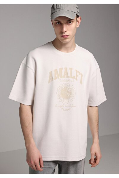 Colin's Oversize Fit Round Neck Plain Men's Beige Short Sleeve T-Shirt