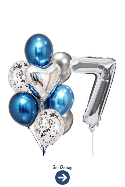 Bunloon 7 Yaş Gümüş Rakam Mavi Gümüş Balon Set Parti Süsleme
