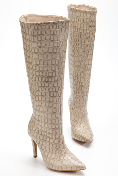 Zerenyus Exi̇n-Syt-2004 Premium Beige Crocodile Thin Heel Women's Boots