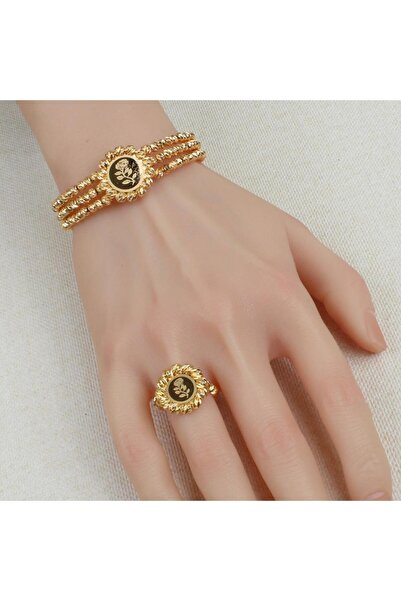 Generic أسوارة وخاتم بديل الذهب سبايك دائري لايسبب الحساسيه