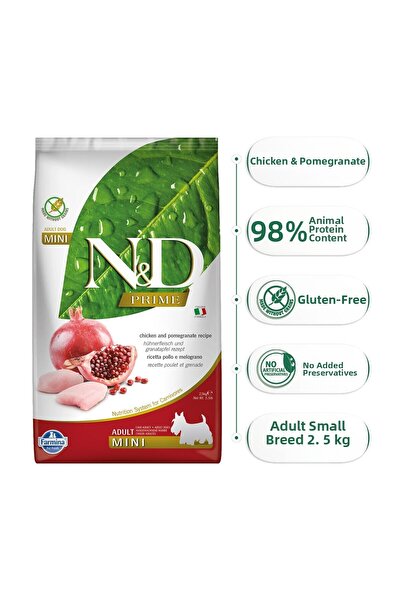 N&D Prime Tavuklu Narlı Küçük Irk Tahılsız Yetişkin Köpek Maması 2,5 كجم