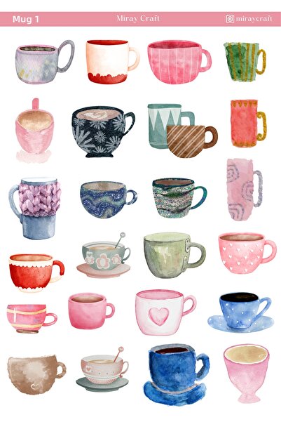 MirayDesign 1 Foaie de autocolante tematice cu căni și cești de cafea (12×17 cm)