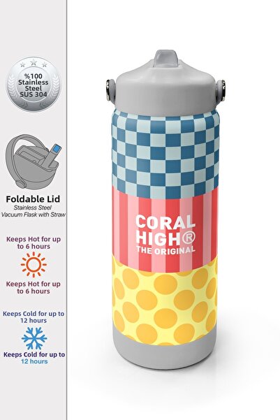 Coral High ترمس فولاذي متعدد الألوان بنمط مربعات ونقاط، قابل للطي مع غطاء 650...