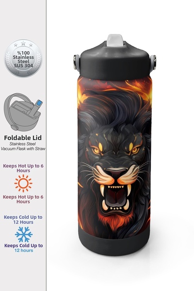 Coral High Black Lion Patterned Steel Thermos with Folding Spout 650 ml 38391