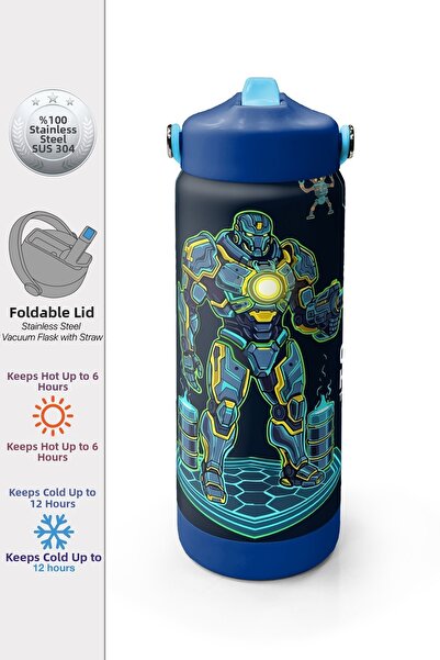 Coral High Navy Blue Robot Patterned Steel Thermos with Folding Spout 650 ml ...