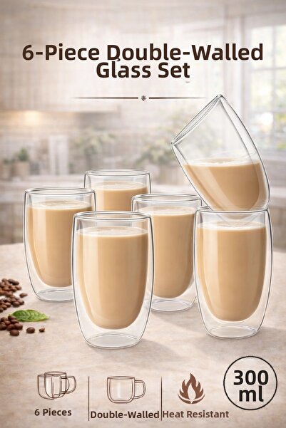 Berdina Home Set of 6 Double Walled Glass Coffee Cups 300ml Heat Resistant Tr...