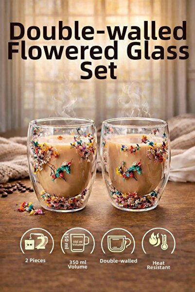 Berdina Home Set of 2 Double Wall Flower Cup 350ml Floral Cup Coffee Tea Cup ...