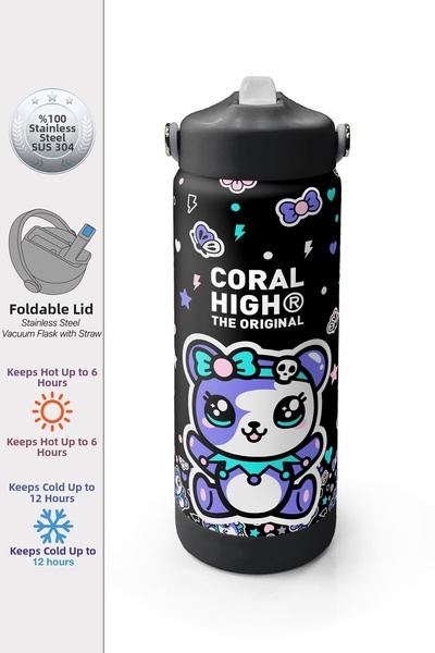 Coral High Black Teddy Bear Patterned Steel Thermos with Folding Spout 650 ml...