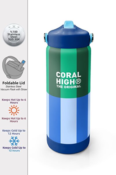 Coral High Blue Green Line Patterned Steel Thermos with Folding Spout 650 ml ...