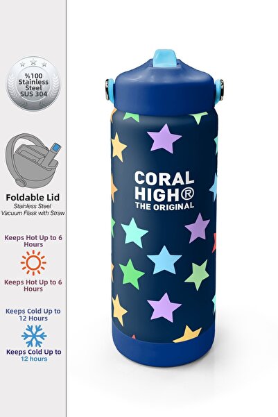 Coral High Navy Blue Colored Star Patterned Steel Thermos with Folding Spout ...