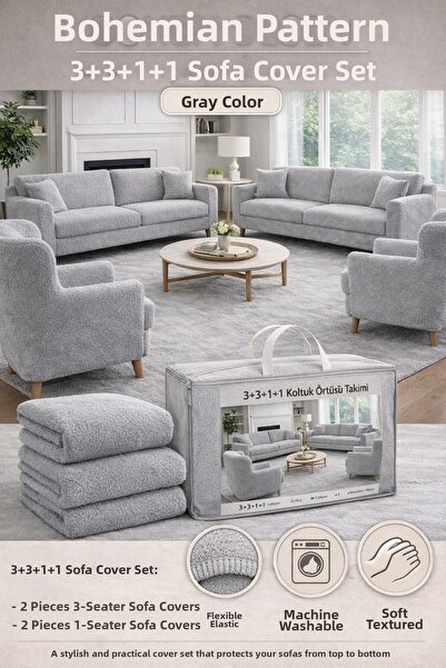 seltenet Husă de canapea elastică cu model boem crem 3+3+1+1 Set de huse de c...