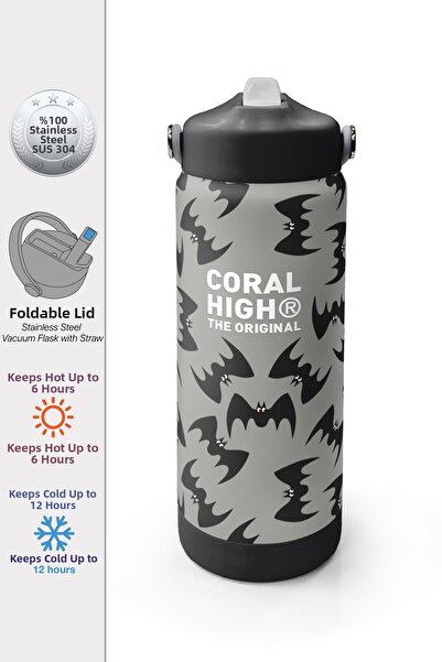 Coral High Gray Black Bat Patterned Steel Thermos with Folding Spout 650 ml 3...