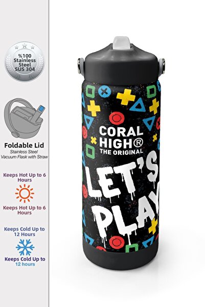 Coral High Black Lets Play Patterned Steel Thermos with Folding Spout 650 ml ...