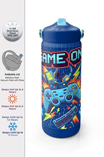 Coral High Navy Blue Game Patterned Steel Thermos with Folding Spout 650 ml 3...