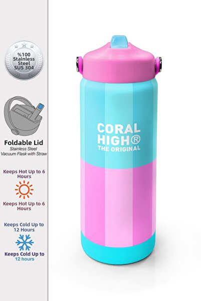 Coral High Turquoise Pink Striped Patterned Steel Thermos with Folding Spout ...