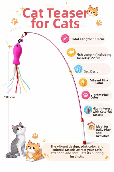 Papağanhane Pink Fish Cat Fishing Rod Toy 110cm Springy Wire Bell Tassel Fun ...