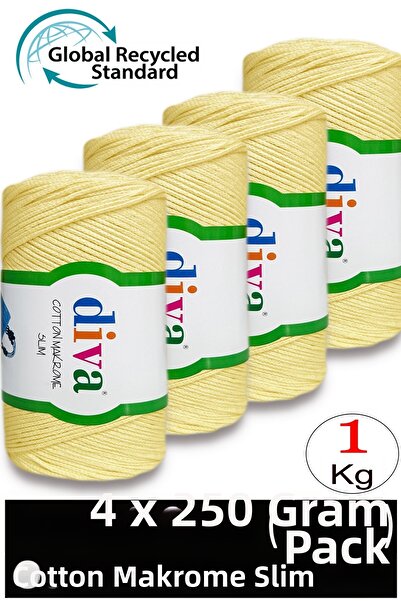 Diva İplik (4 X 250 Gr) - 1 kg - 2mm - Koton Macrame Bag Yarn 1002 Soft Yellow