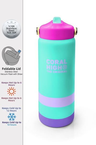Coral High Colorful Water Green Patterned Steel Thermos with Folding Spout 65...